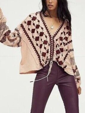Free People Home Town Embroidered V-Neck Top Dusted Peach Burgundy